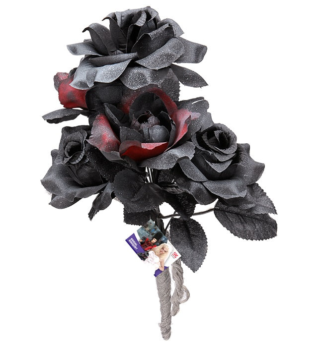 Halloween Brautstrauß mit schwarzen und roten Rosen als Kostümzubehör