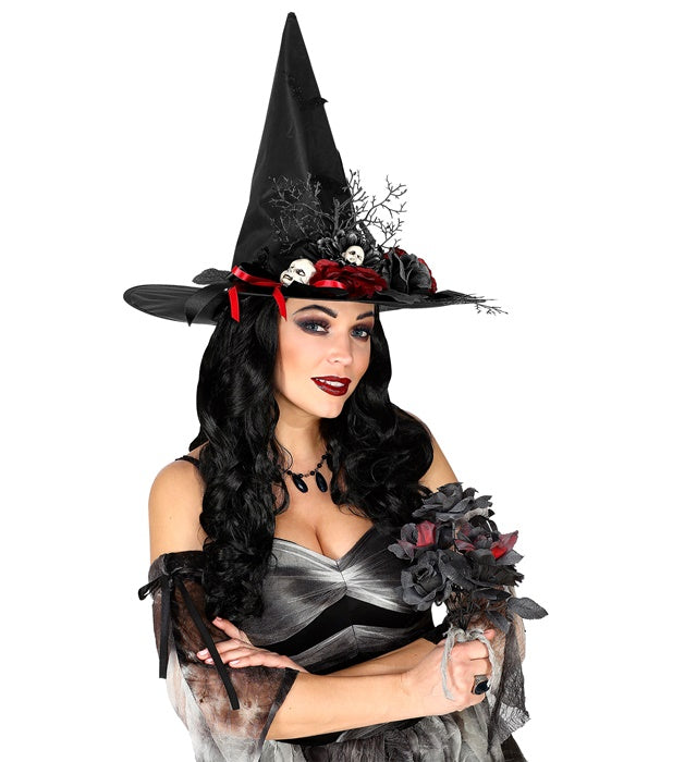 Halloween Brautstrauß mit schwarzen und roten Rosen als Kostümzubehör
