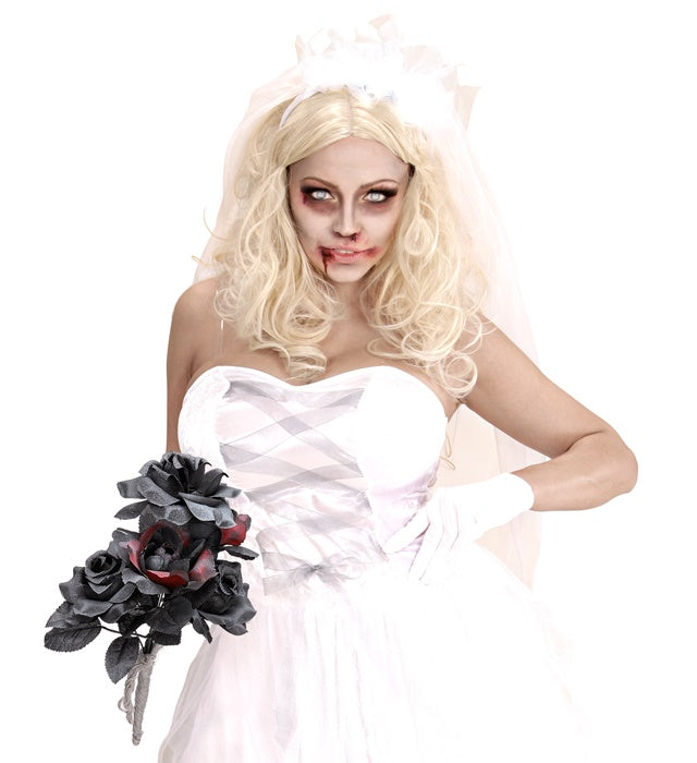 Halloween Brautstrauß mit schwarzen und roten Rosen als Kostümzubehör