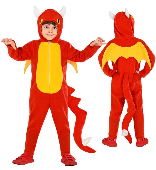 Drachen-Kostüm Overall mit Kapuze, Flügeln und Schwanz in leuchtendem Design