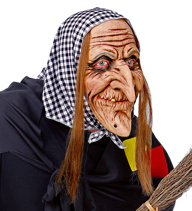 Hexenmaske mit Haaren und rotem Kopftuch für Fasnacht und Halloween