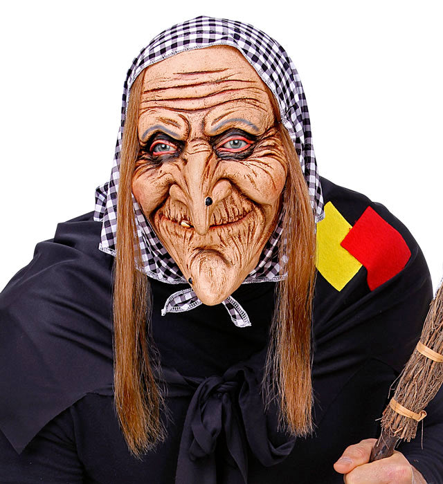 Hexenmaske mit Haaren und rotem Kopftuch für Fasnacht und Halloween