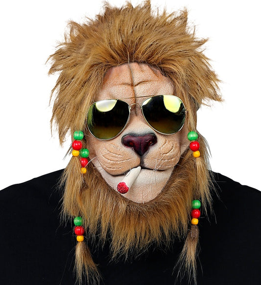 Halbmaske Rastalöwe mit Plüschmähne, Zöpfen mit Perlen und Sonnenbrille