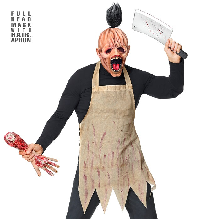 Horrormetzger Ganzkopf-Maske mit Haar und Schürze für Fasnacht und Halloween