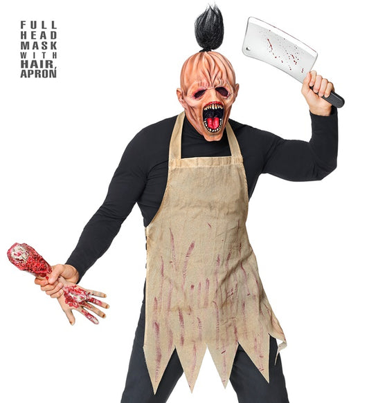 Horrormetzger Ganzkopf-Maske mit Haar und Schürze für Fasnacht und Halloween