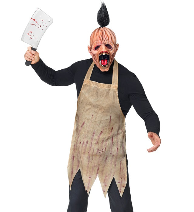 Horrormetzger Ganzkopf-Maske mit Haar und Schürze für Fasnacht und Halloween