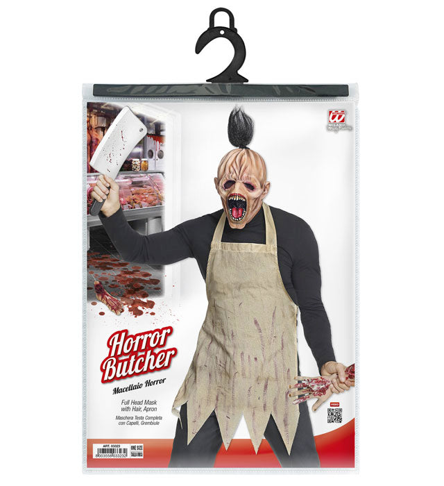 Horrormetzger Ganzkopf-Maske mit Haar und Schürze für Fasnacht und Halloween