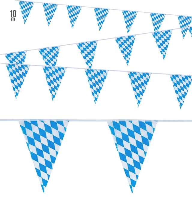 Bayerische Wimpelkette aus PVC mit blau-weißen Rauten, 10 Meter lang, wetterfest