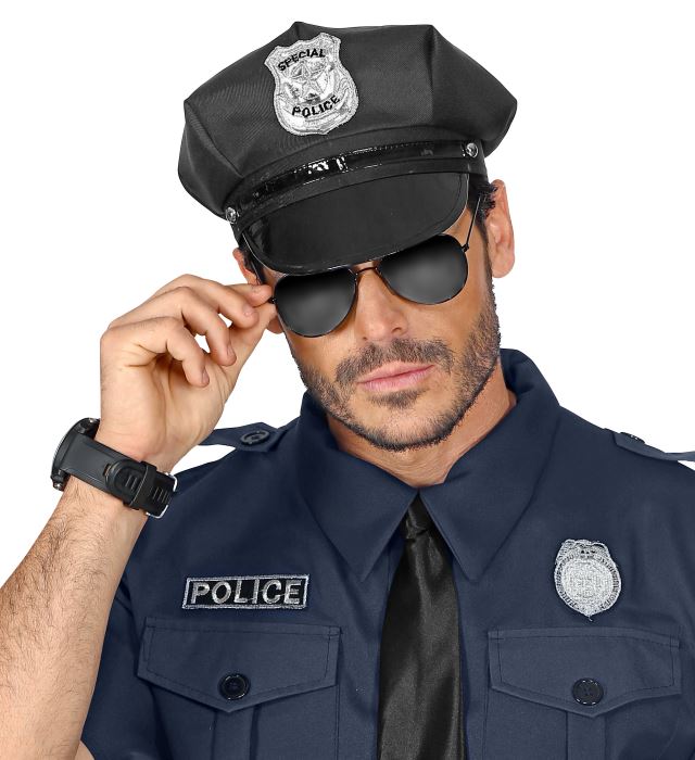 Verstellbare Polizeimütze in Schwarz mit Polizeiemblem für Fasnacht und Karneval