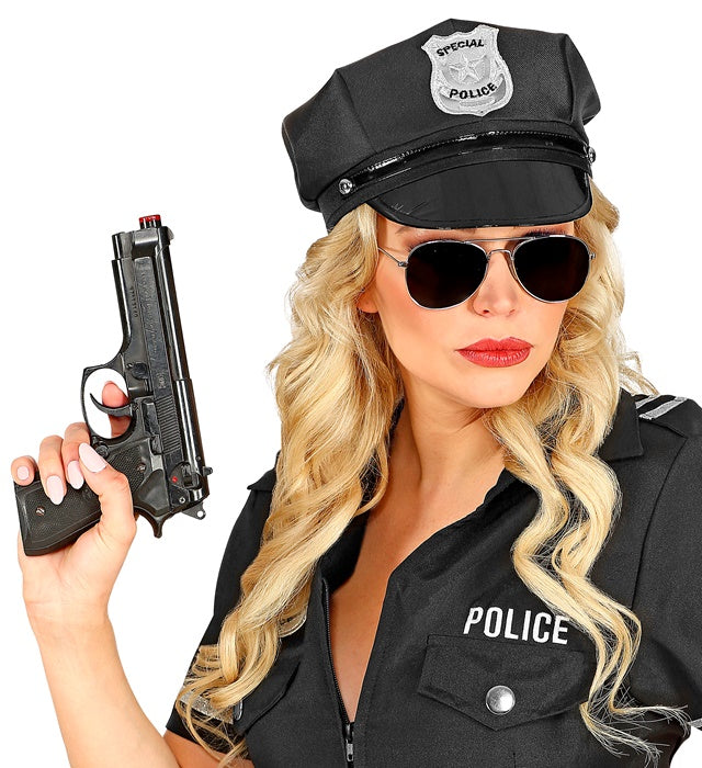 Verstellbare Polizeimütze in Schwarz mit Polizeiemblem für Fasnacht und Karneval