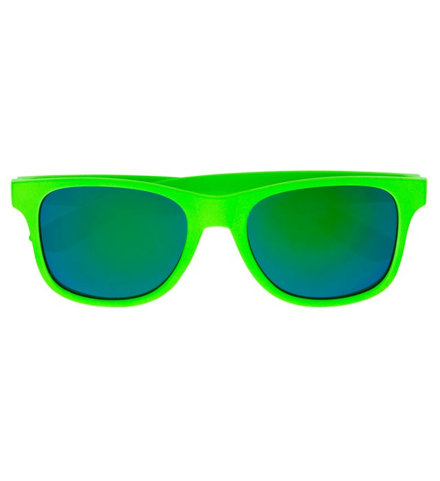Neon-grüne 80er Jahre Brille mit Revo-Gläsern auf weissem Hintergrund