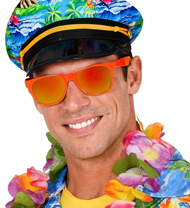 Neon orange 80er Jahre Brille mit spiegelnden Revo-Gläsern auf weißem Hintergrund