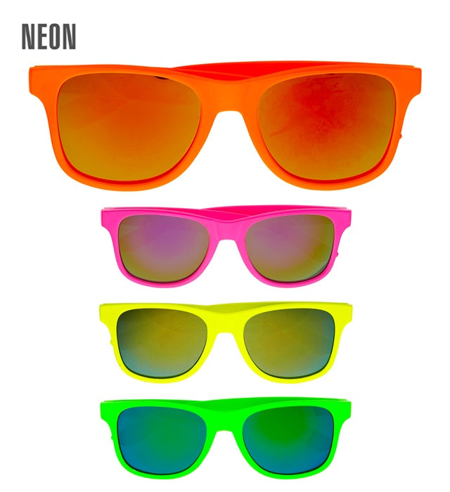 Neon 80er Jahre Brille mit reflektierenden Revo Gläsern in verschiedenen Farben