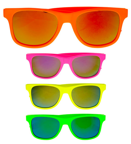 Neon 80er Jahre Brille mit reflektierenden Revo Gläsern in verschiedenen Farben