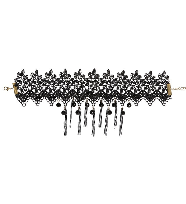 Schwarzes Halsband mit Perlen und feinen Ketten als Accessoire für Halloween und Fasnacht
