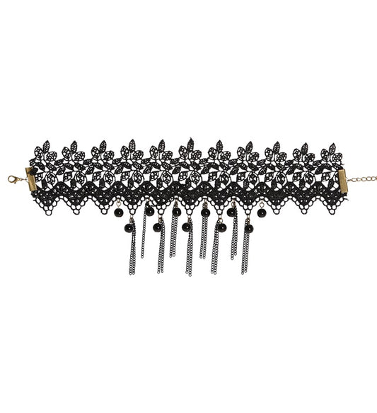 Schwarzes Halsband mit Perlen und feinen Ketten als Accessoire für Halloween und Fasnacht