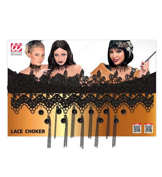 Schwarzes Halsband mit Perlen und feinen Ketten als Accessoire für Halloween und Fasnacht