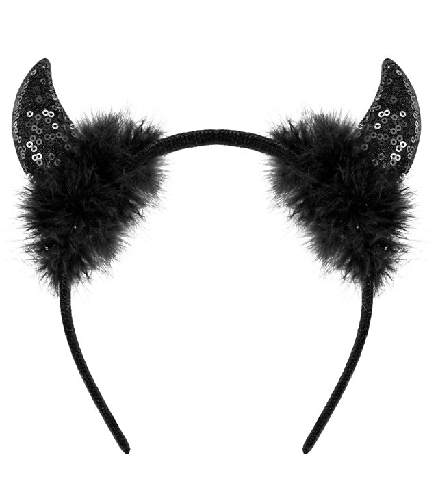 Schwarze Teufelshörner mit Pailletten als Kostümzubehör für Fasnacht und Halloween
