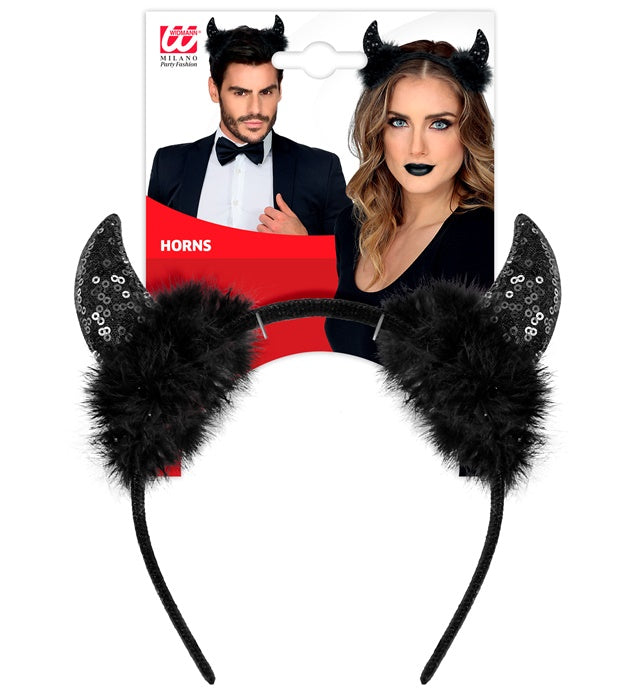 Schwarze Teufelshörner mit Pailletten als Kostümzubehör für Fasnacht und Halloween
