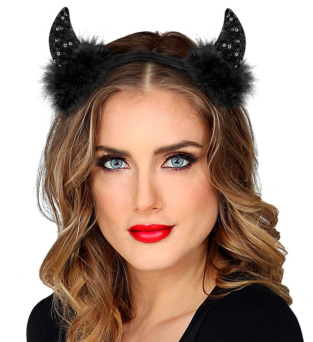 Schwarze Teufelshörner mit Pailletten als Kostümzubehör für Fasnacht und Halloween