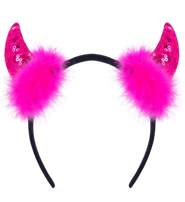 Pink schimmernde Teufelshörner mit Pailletten als Fasnacht Accessoire