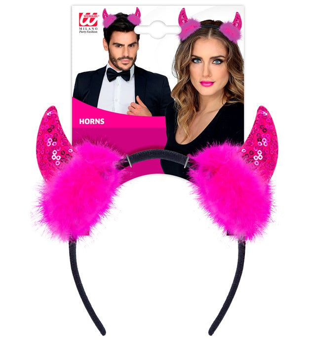 Pink schimmernde Teufelshörner mit Pailletten als Fasnacht Accessoire