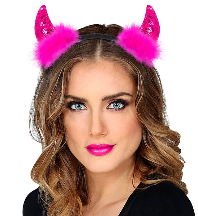 Pink schimmernde Teufelshörner mit Pailletten als Fasnacht Accessoire