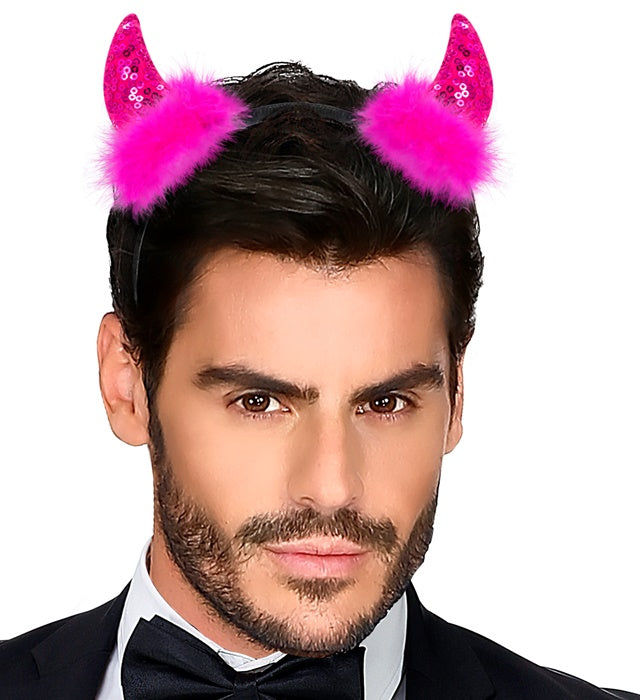 Pink schimmernde Teufelshörner mit Pailletten als Fasnacht Accessoire