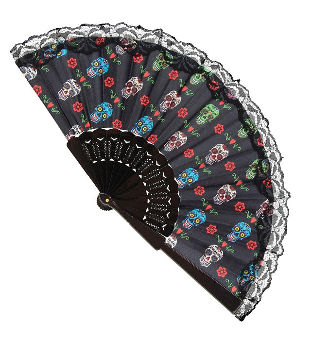 Día de los Muertos Stofffächer mit farbenfrohem Design, 23 cm groß