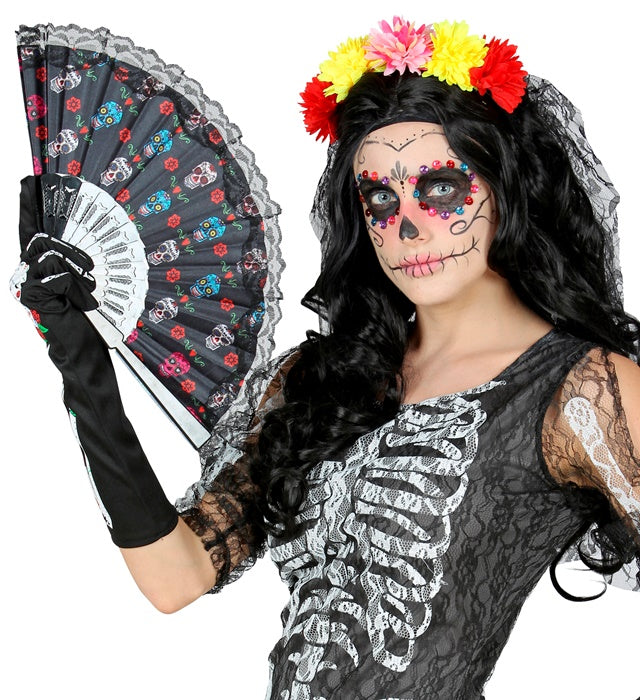 Día de los Muertos Stofffächer mit farbenfrohem Design, 23 cm groß