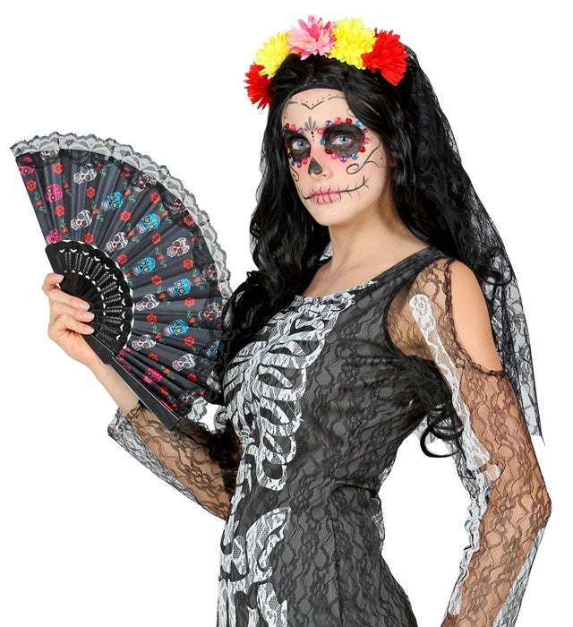 Día de los Muertos Stofffächer mit farbenfrohem Design, 23 cm groß