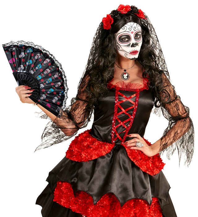 Día de los Muertos Stofffächer mit farbenfrohem Design, 23 cm groß