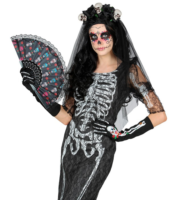 Día de los Muertos Stofffächer mit farbenfrohem Design, 23 cm groß
