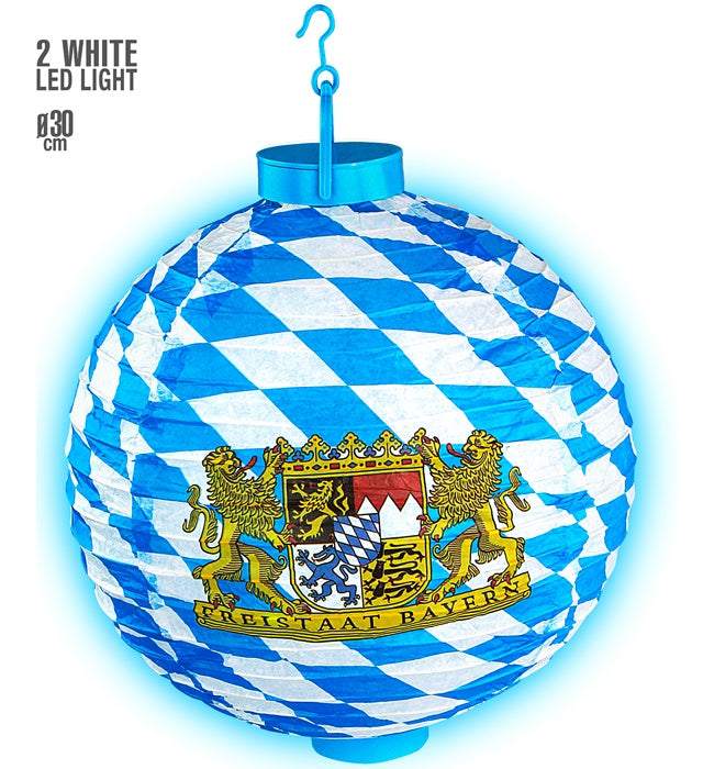 LED Lampion Bayern 30 cm mit zwei weißen LED-Lichtern in Blau-Weiß