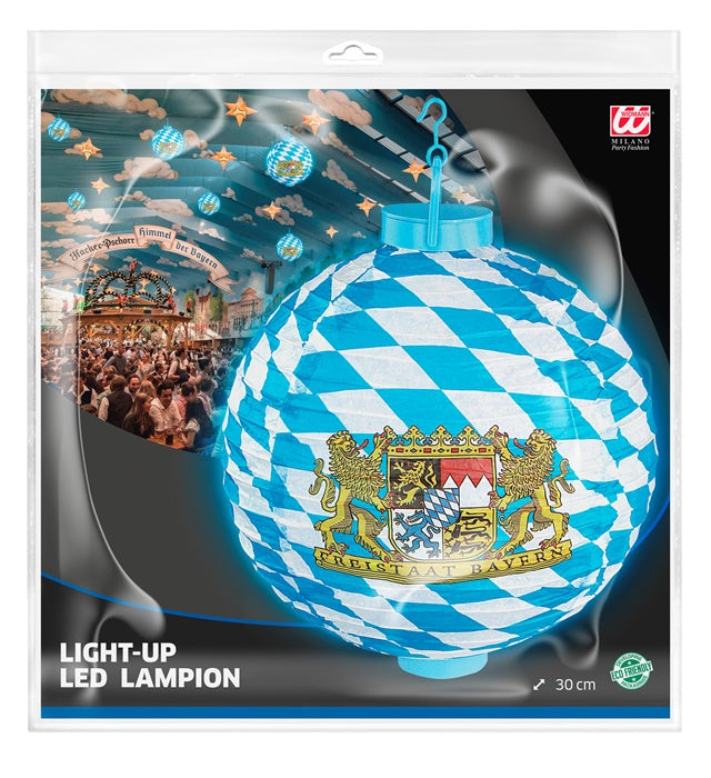 LED Lampion Bayern 30 cm mit zwei weißen LED-Lichtern in Blau-Weiß
