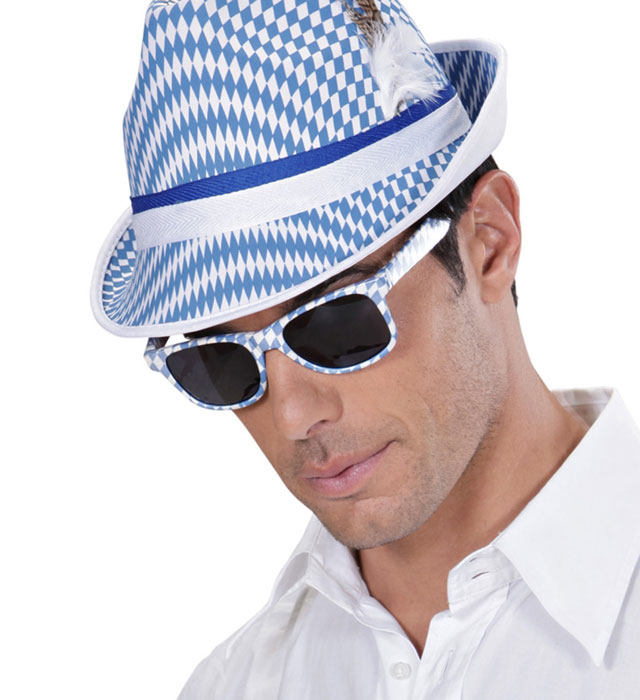 Bayerische Brille mit blau-weißem Rautenmuster als Fasnacht Accessoire