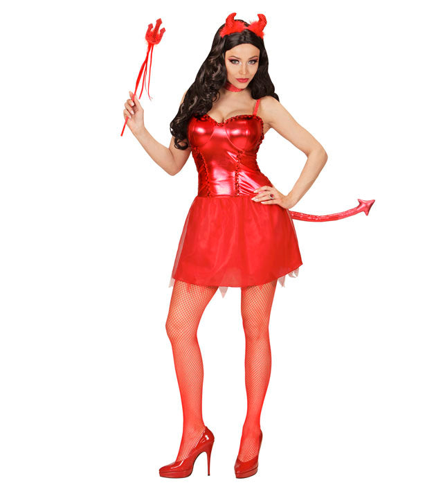 Devil Girl Kostüm mit schwarzen Hörnern, Schwanz und Minidreizack für Fasnacht