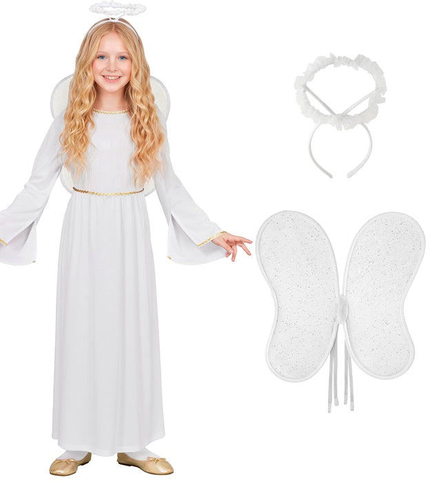 Engel Kostüm Set mit weissem Kleid, Flügeln und Heiligenschein