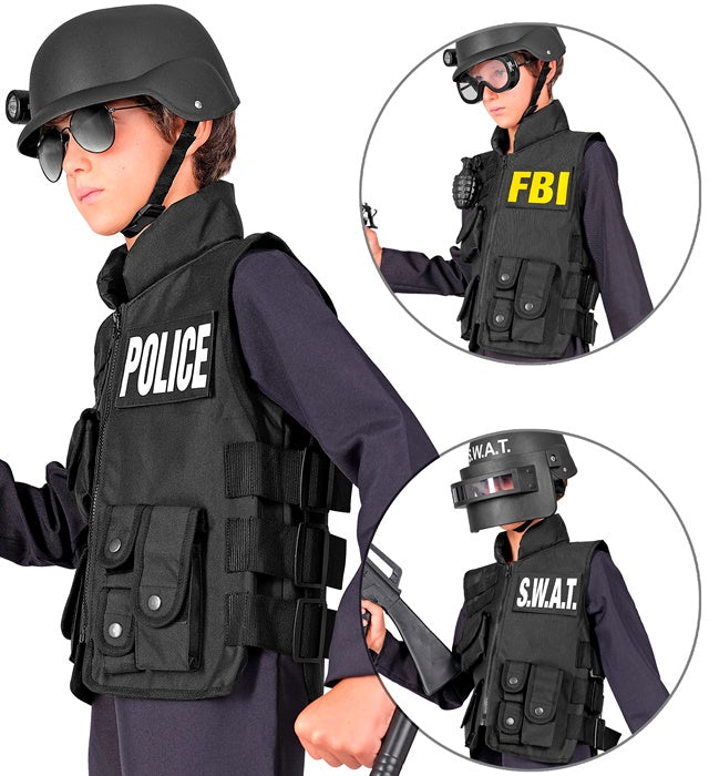 Kinder taktische Einsatzweste mit austauschbaren SWAT, FBI, POLICE Patches