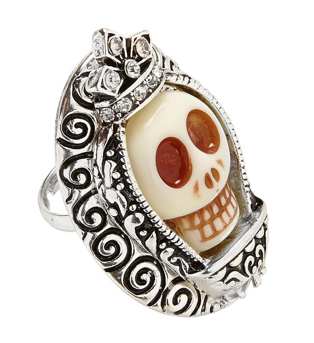 Silberner Ring mit weißem Totenkopf und funkelndem Strass