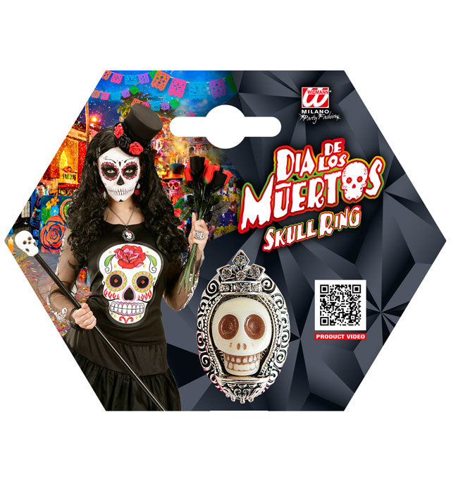 Silberner Ring mit weißem Totenkopf und funkelndem Strass