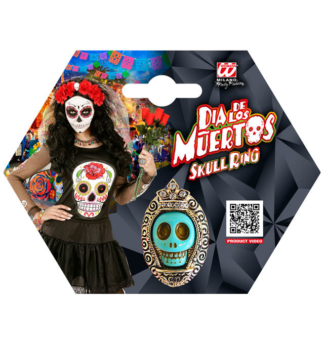 Goldener Ring mit hellblauem Totenkopf und funkelnden Strasssteinen