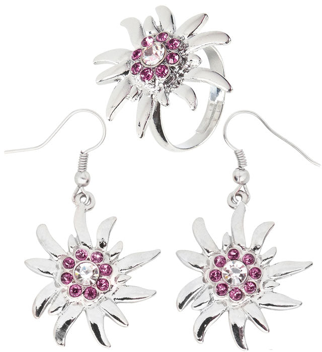 Edelweiss Ohringe und Ring mit klaren und rosa Strasssteinen