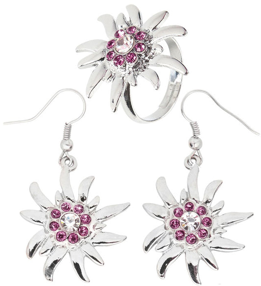 Edelweiss Ohringe und Ring mit klaren und rosa Strasssteinen