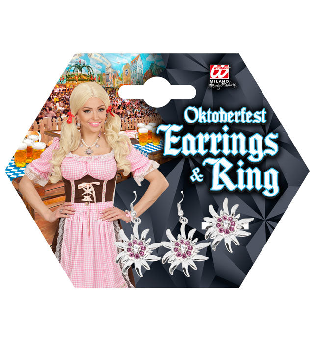Edelweiss Ohringe und Ring mit klaren und rosa Strasssteinen