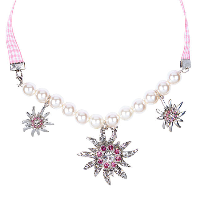 Perlenkette mit Edelweiss-Anhänger und klaren sowie rosa Strasssteinen