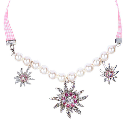 Perlenkette mit Edelweiss-Anhänger und klaren sowie rosa Strasssteinen