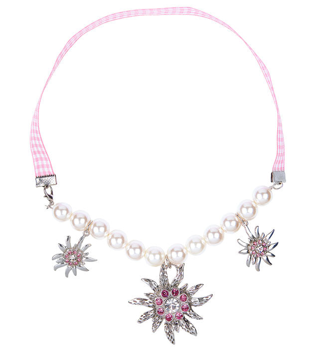 Perlenkette mit Edelweiss-Anhänger und klaren sowie rosa Strasssteinen