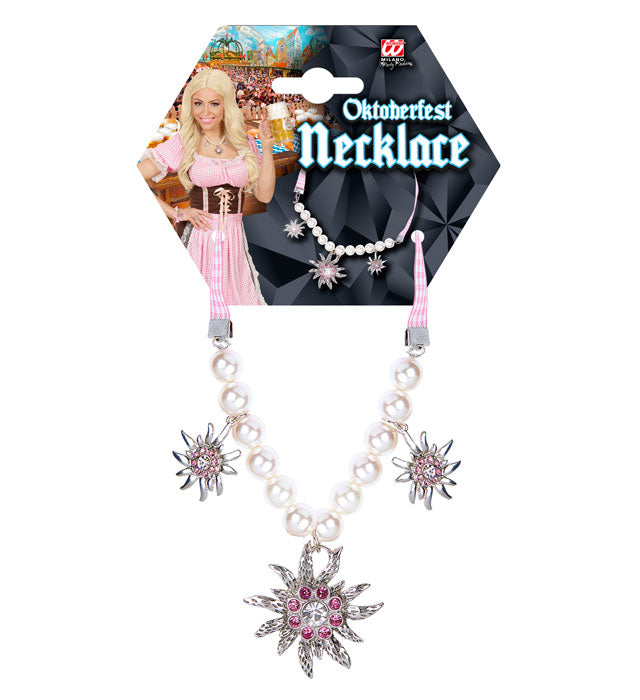Perlenkette mit Edelweiss-Anhänger und klaren sowie rosa Strasssteinen