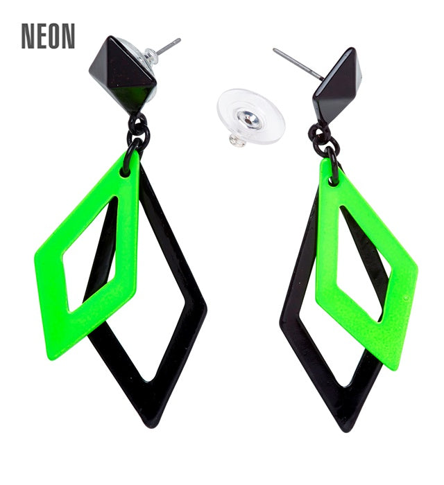 Schwarze und neon grüne Rhombus Ohrringe als Fasnacht-Accessoire